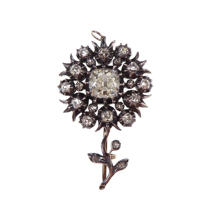 Cushion cut diamond cluster flower pendant-brooch | MasterArt